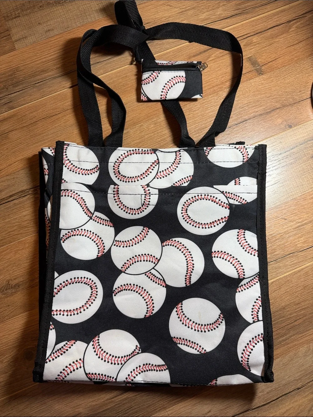 Baseball Print C Tote - Black & White with Red Stitching